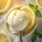Illustration of a scoop of lemon ice cream, surrounded by fresh lemon slices and mint leaves. Refreshing summer vibe. Top view.