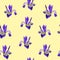 Illustration of seamless floral pattern with hatched iris flowers.  Yellow background.