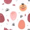 Illustration of seamless pattern with baby dinosaur. Eggs, dinosaur birth, muzzle. Sophisticated pleasant colors. Cute