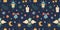 Illustration of a seamless pattern of Christmas items. Moon, stars, candle, bell, angel, branches, flashlight on a dark