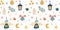 Illustration of a seamless pattern of Christmas items. Moon, stars, candle, bell, angel, branches, flashlight on a white