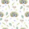 .Illustration, seamless pattern, colorful teapot house, leaves, greenery, cotton for stickers, postcards, prints, books.