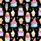 Illustration seamless pattern drawn by watercolor confectionery: cakes, muffins on the background.