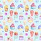 Illustration seamless pattern drawn by watercolor confectionery: cakes, muffins on the background.