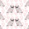 illustration, seamless pattern, hand drawn owl birds on the background of hearts, gentle pastel shades, for linen, textiles