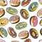 Illustration, seamless pattern, hand-drawn various donuts on a white background, for cafe