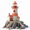 Illustration of a Serene Coastal Lighthouse Surrounded by Flying Seagulls on a Rocky Island