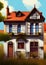 Illustration of a serene and idyllic European vintage house and its lush garden