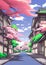 Illustration of a Serene Japanese Street Adorned with Blossoming Cherry Blossoms