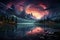 Illustration of a serene landscape with a layer overlay of swirling auroras, creating a magical and ethereal atmosphere.