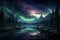 Illustration of a serene landscape with a layer overlay of swirling auroras, creating a magical and ethereal atmosphere.