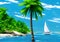 Illustration of Serene Sailboat and Palm-Fringed Island Oasis with Crystal-Clear Blue Waters and Lush Green Palm Trees