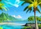 Illustration of a Serene Tropical Island with on clear Blue Waters And Palm Trees