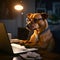 Illustration of a serious dog working on a laptop at a late hour managing deadline at work. American pit bull terrier dog looking