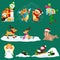 Illustration set animals winter holiday North Pole penguins presents and sledding down the hills
