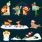 Illustration set animals winter holiday North Pole penguins presents and sledding down the hills,bears under snow