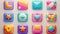 An illustration of a set of candy app icons, square game buttons, a cartoon lollipop menu interface, and colorful blocks