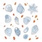 Illustration with set of cute watercolor and linework blue seashells on white background