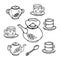 illustration, set of drawn tea utensils, teapot, cups, saucers, spoons, for posters, patterns