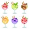 Illustration of a set of fruit ice cream in a glass beaker, dessert in a glass with a different taste.