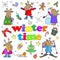 Illustration with set of funny cartoon moose for winter fun, bright figures on white background