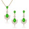Illustration set  gold jewelry pendant on a chain and earrings with emeralds