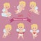 illustration set of golden-haired cupid in different poses and congratulations. Valentine\\\'s day and wedding concept cupid