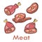 Illustration, set of hand-drawn appetizing steaks and cuts of meat, design for restaurants