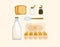 Illustration set of Ingredients for omelet cooking. Eggs, bottle of milk and bread slices