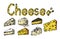 Illustration of a set of pieces of cheese on a white background. Slice, brie, edam, maasdam, gouda, cheese with greens