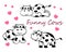 illustration, set of spotted drawn funny cows, hearts and lettering, design for clothes and textiles for children and adults