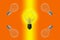 Illustration of several light bulbs on yellow and orange background