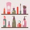 Illustration of a shelf with cosmetic items.