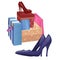 Illustration with shoe boxes and pairs of high-heel shoes. Isolated on white background. Vector illustration