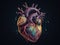 The illustration shows an image of a human heart, in the style of colorful realism, darkly detailed, split toning, strong linear
