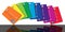 This illustration shows a spectrum, rainbow, of colorful credit cards.