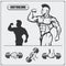 Illustration and silhouette of bodybuilder. Fitness emblem and design elements.