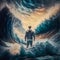 Illustration of a silhouette of a man on the background of a giant sea wave