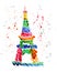 Illustration sketch of the famous symbol of Paris Eiffel Tower, in a spray of fireworks