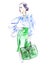 Illustration sketch of female elegant in tight blue blouse and a kirt and a big green bags