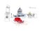 Illustration sketch of the Republic of Cuba capital Havana landmarks and buildings and vintage cars