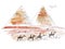 Illustration sketching sights of Egypt Giza Pyramids and camel caravan in front