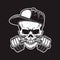 Illustration of skull with barbell in teeth in engraving style. Skull in baseball cap. Design element for logo, emblem