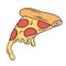 Illustration of a slice of pepperoni pizza on a thin crust with glass cheese on the edge
