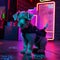 illustration of small dog in a cyber punk enviromnment , with neon colors