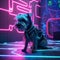 illustration of small dog in a cyber punk enviromnment , with neon colors