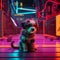 illustration of small dog in a cyber punk enviromnment , with neon colors