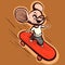 Illustration of a small happy rat in motion on a skateboard. Vector of a skater mouse cartoon