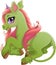 Illustration of smiling green baby unicorn with long pink tail and violet horn