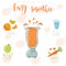 Illustration of smoothie recipe from carrot, orange and apple in a blender. Vector